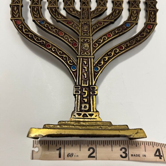 Vintage 1960s Israeli Brass Enamel Menorah-9 Branch Jerusalem Judaica-Ha 6.5"H - Picture 15 of 15